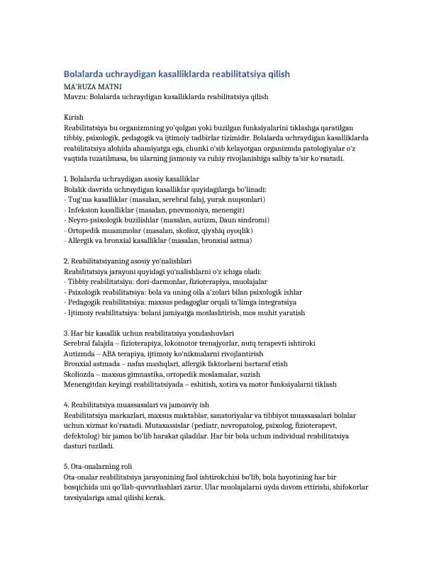 Bolalarda uchraydigan kasalliklarda reabilitatsiya qilish