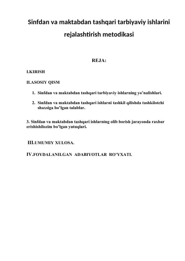 Sinfdan va maktabdan tashqari tarbiyaviy ishlarni rejalashtirish metodikasi