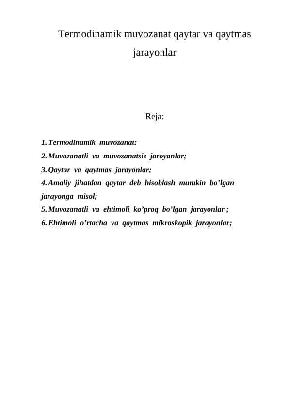 Termodinamik muvozanat qaytar va qaytmas jarayonlar