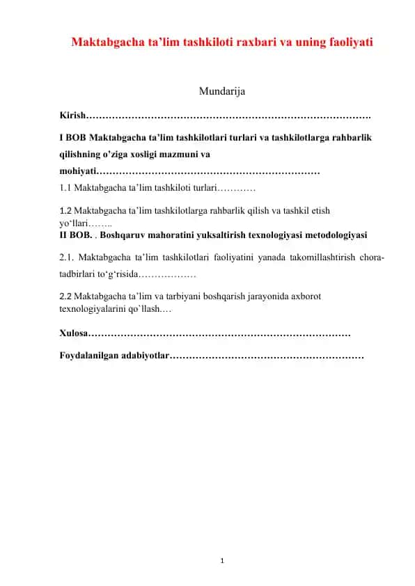 Maktabgacha ta’lim tashkiloti raxbari va uning faoliyati