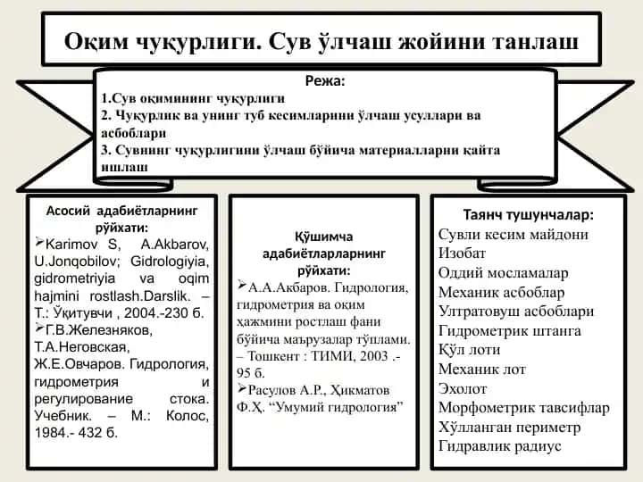 Сув ўлчаш жойини танлаш