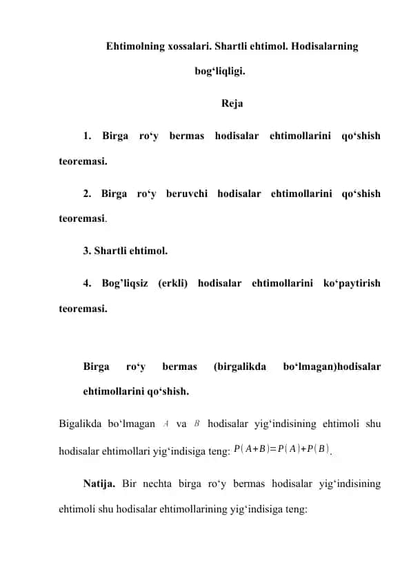Ehtimol nazariyasi va shartli ehtimollar