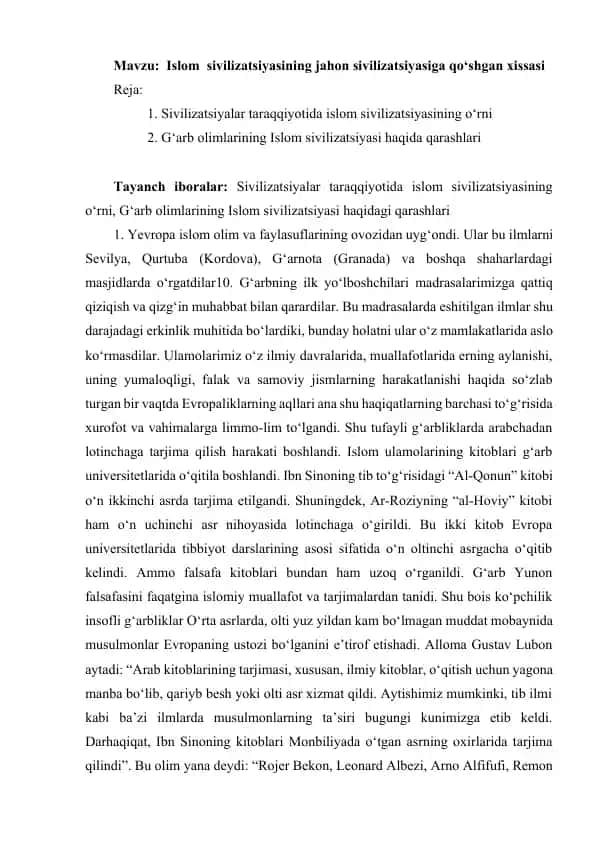 Islom sivilizatsiyasining jahon sivilizatsiyasiga qo‘shgan xissasi