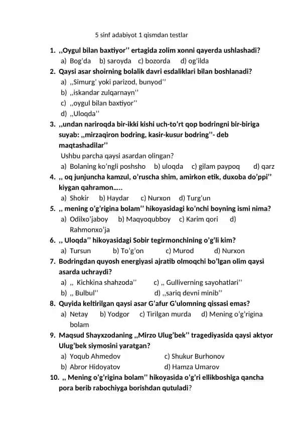 5 sinf adabiyot 1 qismdan testlar
