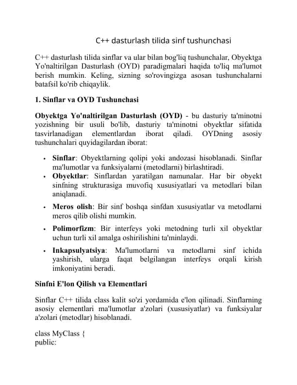 C++ dasturlash tilida sinf tushunchasi