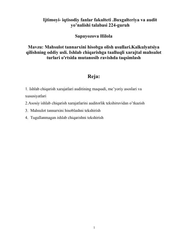 Mahsulot tannarxini hisobga olish usullari
