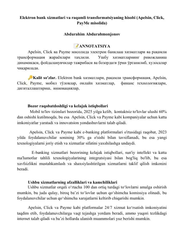 Elektron bank xizmatlari va raqamli transformatsiyaning hisobi (Apelsin, Click, PayMe misolida)