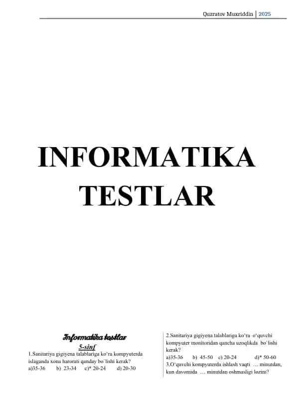 Informatika va AT maktab darsliklari uchun tayyorlangan test