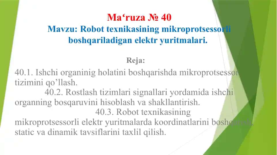 Robottexnikasining mikroprotsessorli boshqariladigan elektyuritmalari