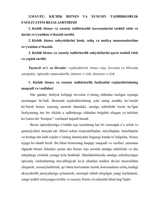 Kichik biznes va xususiy tadbirkorlik faoliyatini rejallashtirish