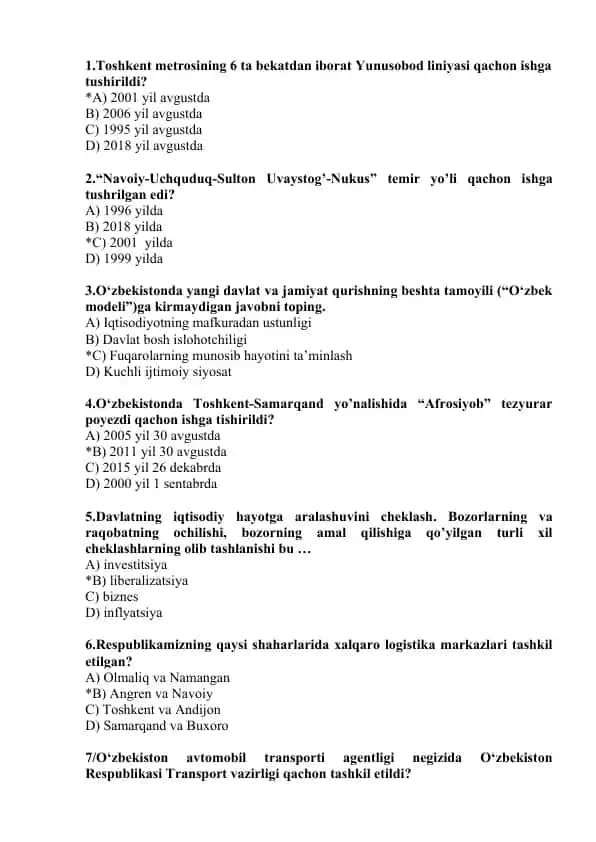 O'zbekiston Transport Haqida Savollar