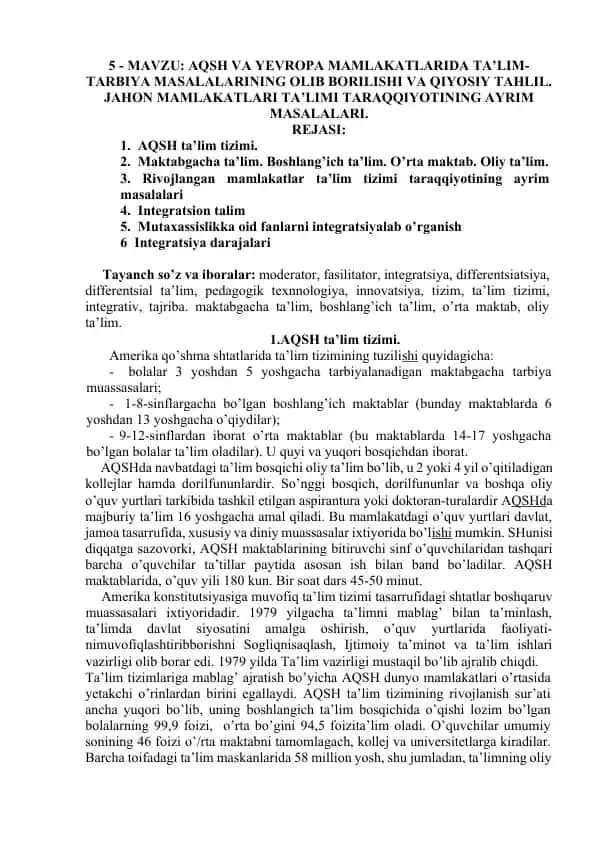 AQSH va Yevropa Mamlakatlariida Ta'lim-tarbiya Masalalarining Olib Borilishi va Qiyosiy Tahlil