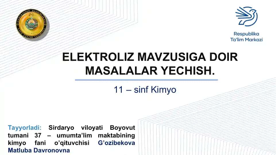 ELEKTROLIZ MAVZUSIGA DOIR MASALALAR