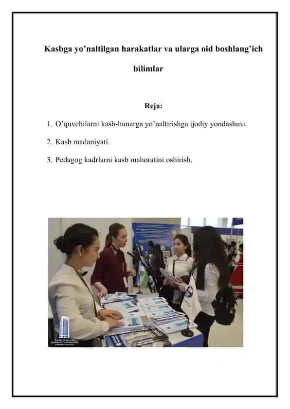 Kasbga yo’naltilgan harakatlar va ularga oid boshlang’ich bilimlar