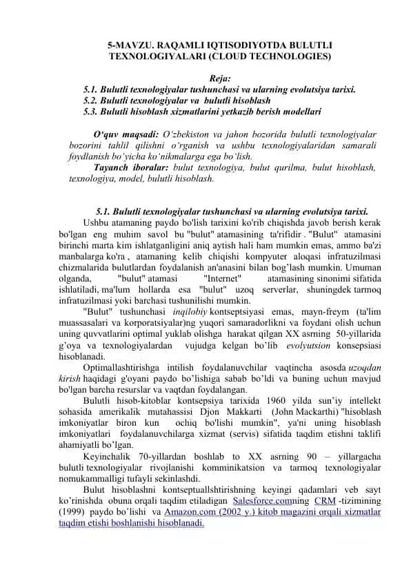 Bulutli texnologiyalar tushunchasi va ularning evolutsiya tarixi
