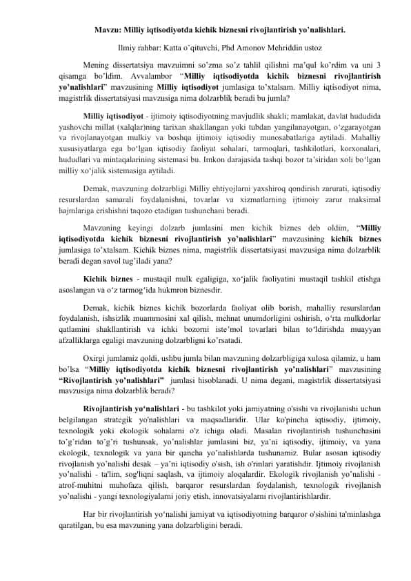 Milliy iqtisodiyotda kichik biznesni rivojlantirish yo’nalishlari