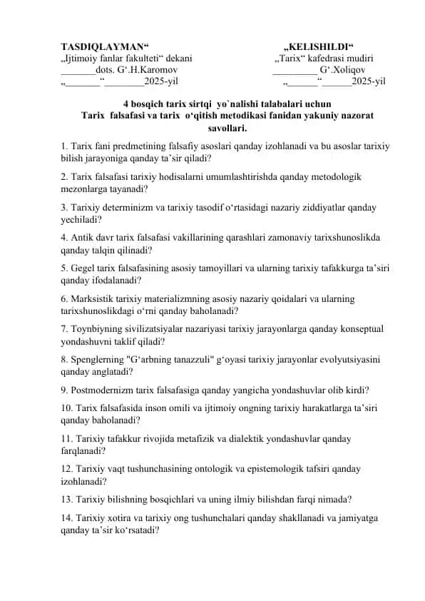 Tarix falsafasi va tarix o‘qitish metodikasi nazorat savollari kitobi
