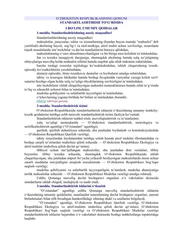 O‘ZBEKISTON RESPUBLIKASINING QONUNI STANDARTLASHTIRISH TO‘G‘RISIDA