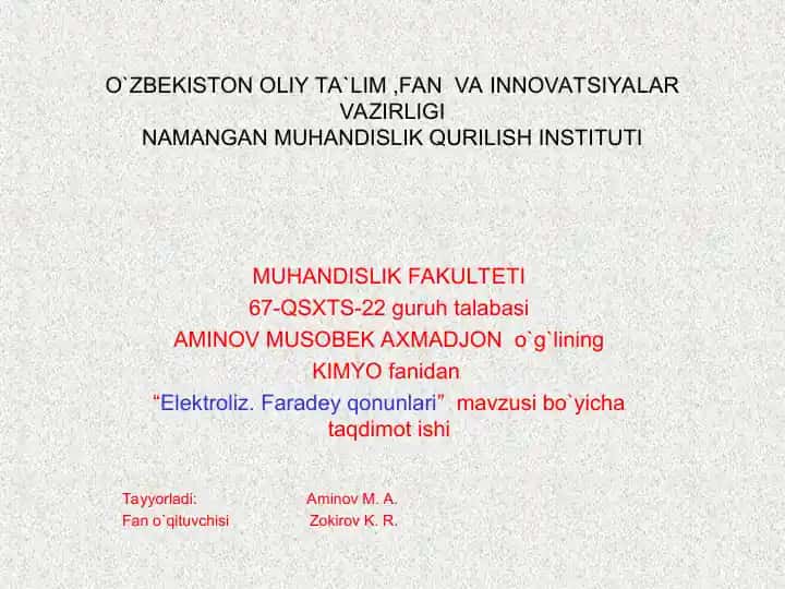 Elektroliz. Faradey qonunlari taqdimoti