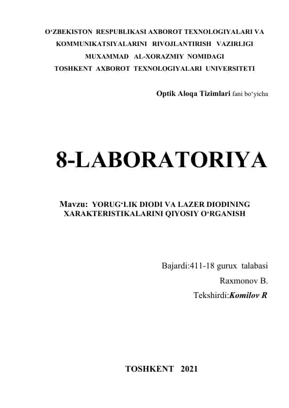 Optik Aloqa Tizimlari fani bo‘yicha Laboratoriya mashg‘uloti ma’lumoti