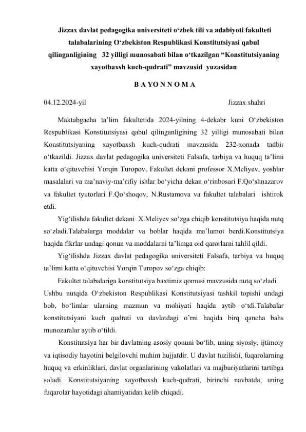 “Konstitutsiyaning xayotbaxsh kuch-qudrati” bayonnomasi