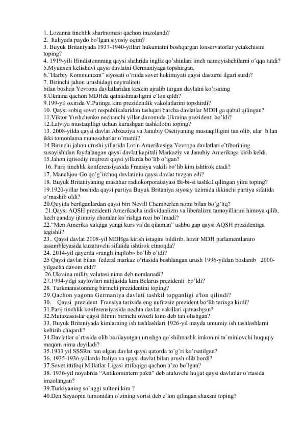 Jahon tarixi bo‘yicha test savollari va javoblari