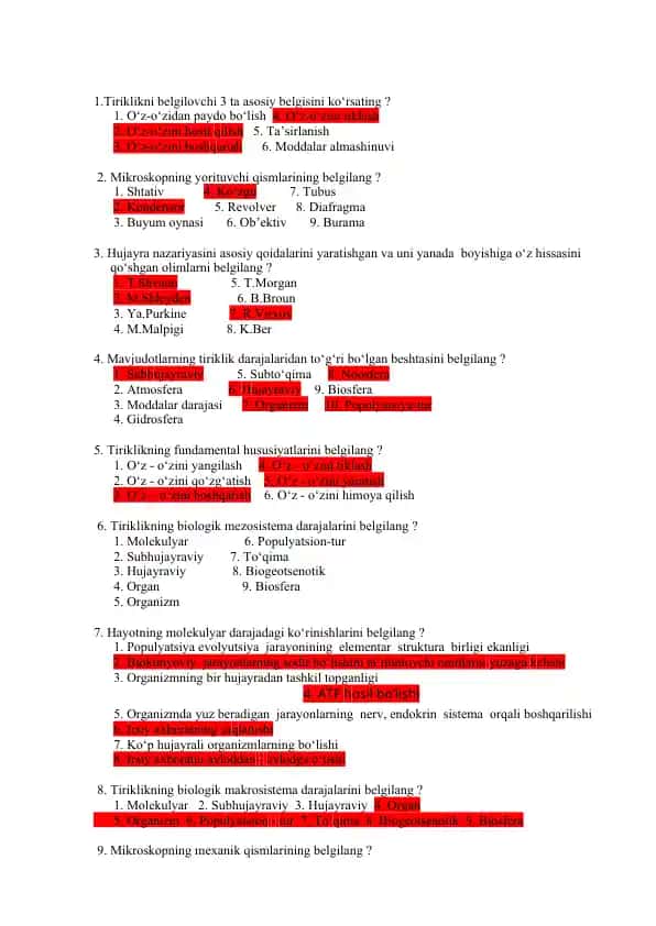 Biologiya test savollari