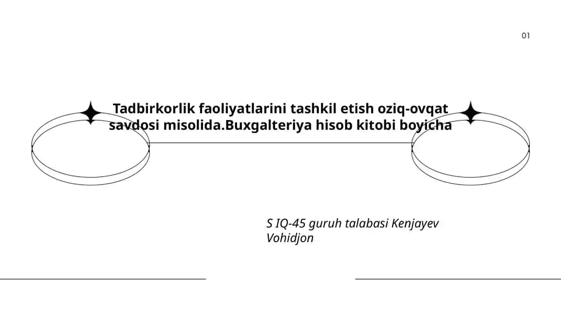 Tadbirkorlik faoliyatlarini tashkil etish oziq-ovqat savdosi misolida.Buxgalteriya hisob kitobi