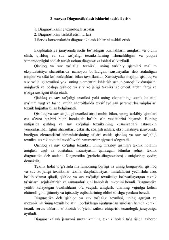 Diagnostikalash ishlarini tashkil etish