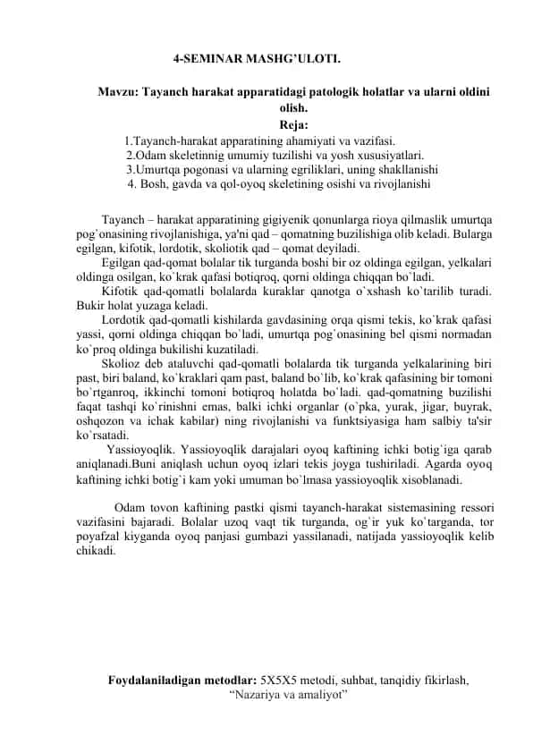 Tayanch-harakat apparatidagi patologik holatlar va ularni oldini olish