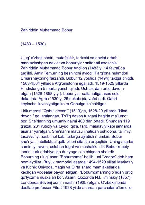 Zahiriddin Muhammad Bobur tavalludiga tadbir ssenariysi