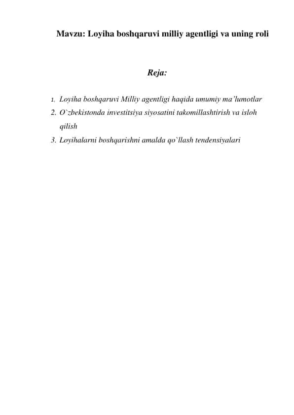 Loyiha boshqaruvi Milliy agentligi va uning roli