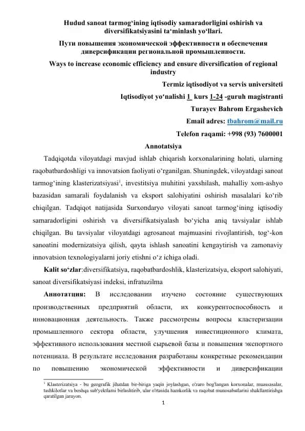 Hudud sanoat tarmog‘ining iqtisodiy samaradorligini oshirish va diversifikatsiyasini ta‘minlash yo‘llari