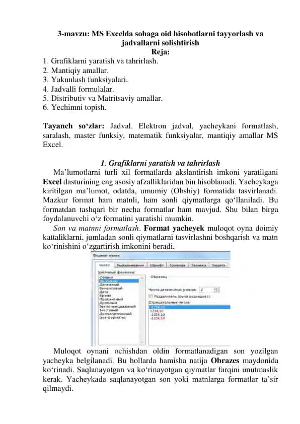 MS Excel hisobotlar va jadvallar tayyorlash