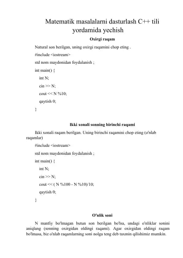 Matematik masalalarni dasturlash C++ tili yordamida yechish