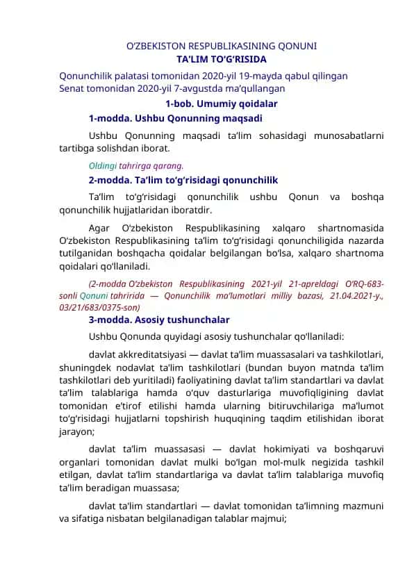 O‘zbekiston Respublikasining Ta’lim to‘g‘risidagi Qonuni