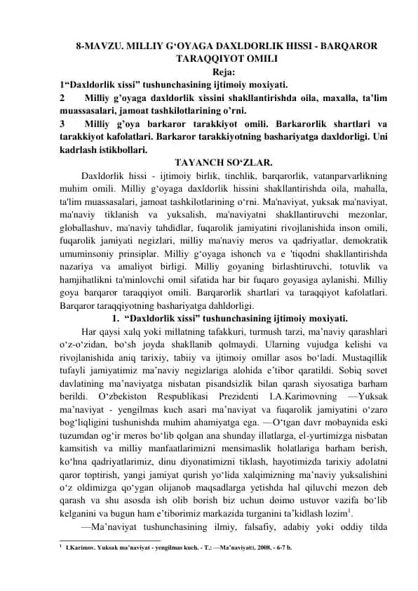 Milliy G‘oyaga Daxldorlik Hissi - Barqaror Taraqqiyot Omili