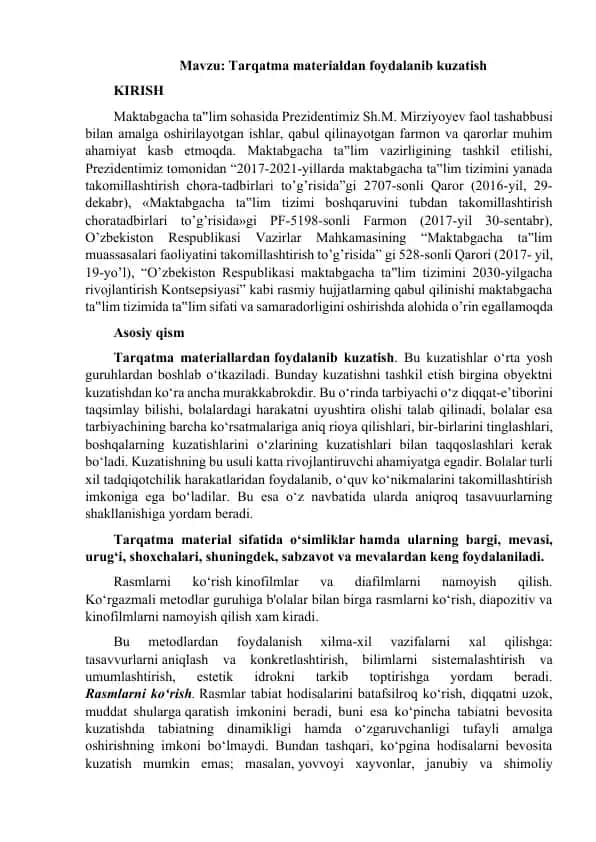 Maktabgacha ta‟lim tizimini yanada takomillashtirish chora-tadbirlari