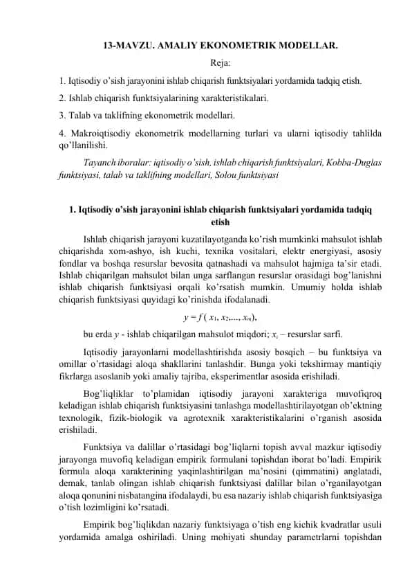 Amaliy ekonometriya va ishlab chiqarish funktsiyalari taqdimoti