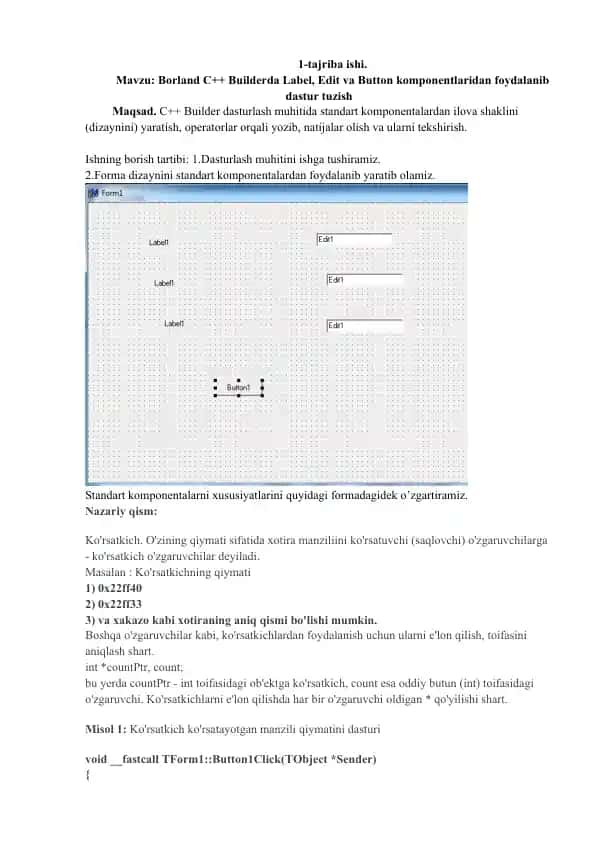 Borland C++ Builderda Label, Edit va Button komponentlaridan foydalanib dastur tuzish