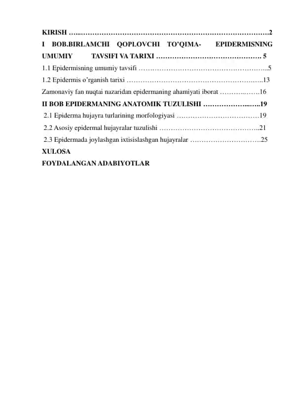 Epidermisning umumiy tavsifi va tarixi