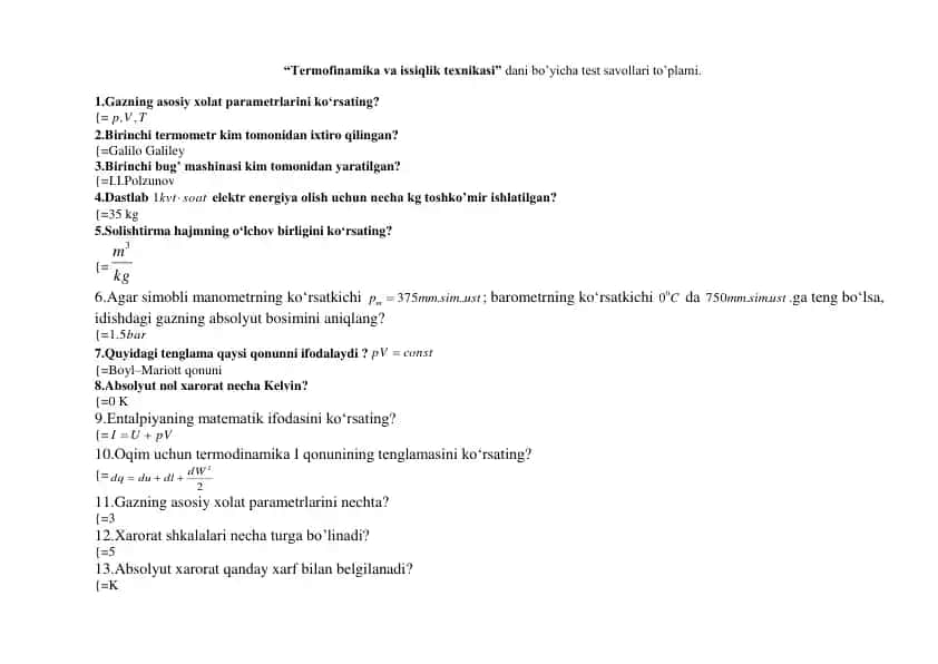 Termofinamika va issiqlik texnikasi test savollari to'plami