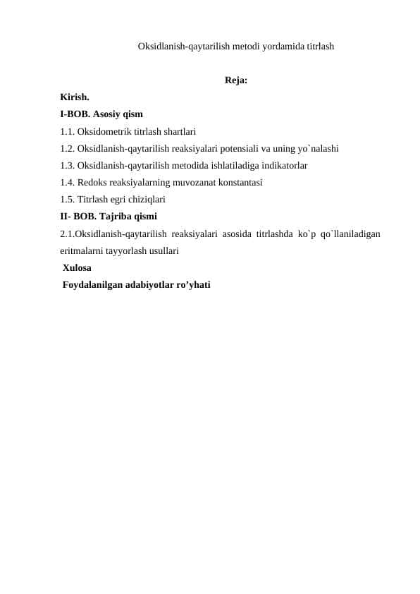 Oksidlanish-qaytarilish metodi yordamida titrlash