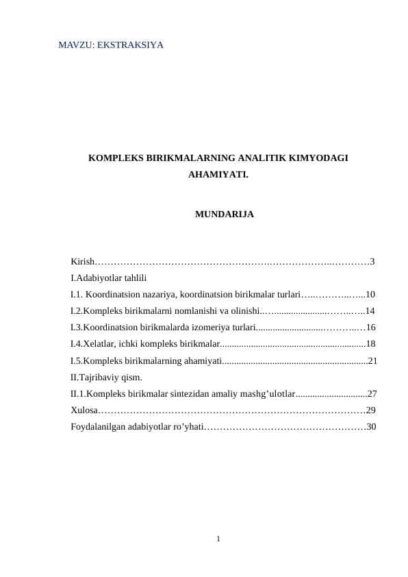 KOMPLEKS BIRIKMALARNING ANALITIK KIMYODAGI AHAMIYATI kurs ishi