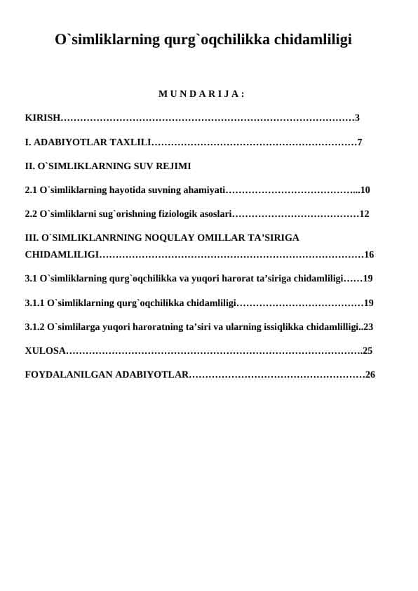 O`simliklarning qurg`oqchilikka chidamliligi