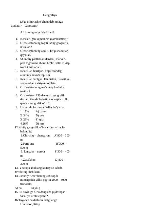 Geografiyadan test savollari