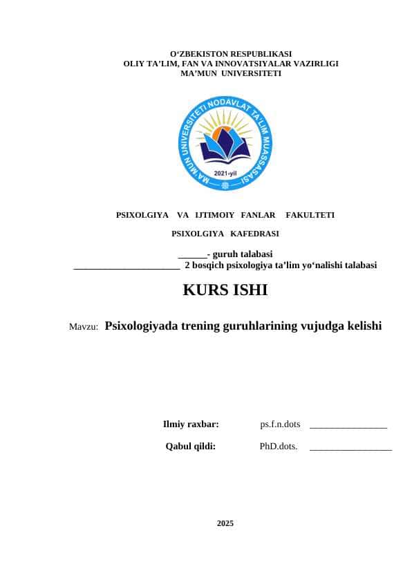 Psixologiyada trening guruhlarining vujudga kelishi kurs ishi