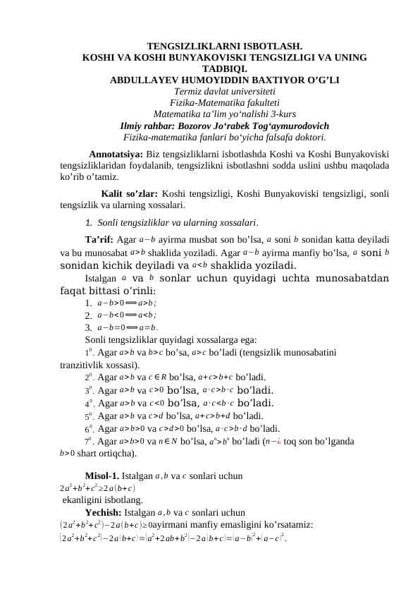 TENGSIZLIKLARNI ISBOTLASH. KOSHI VA KOSHI BUNYAKOVISKI TENGSIZLIGI VA UNING TADBIQI.