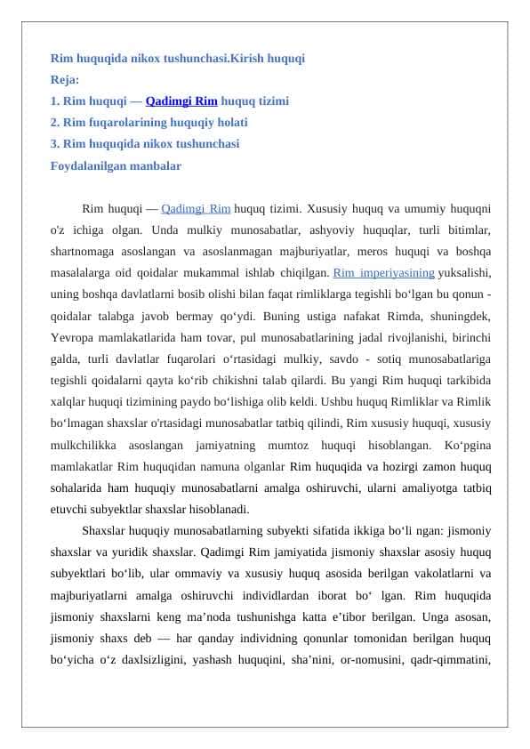 Rim huquqida nikox tushunchasi