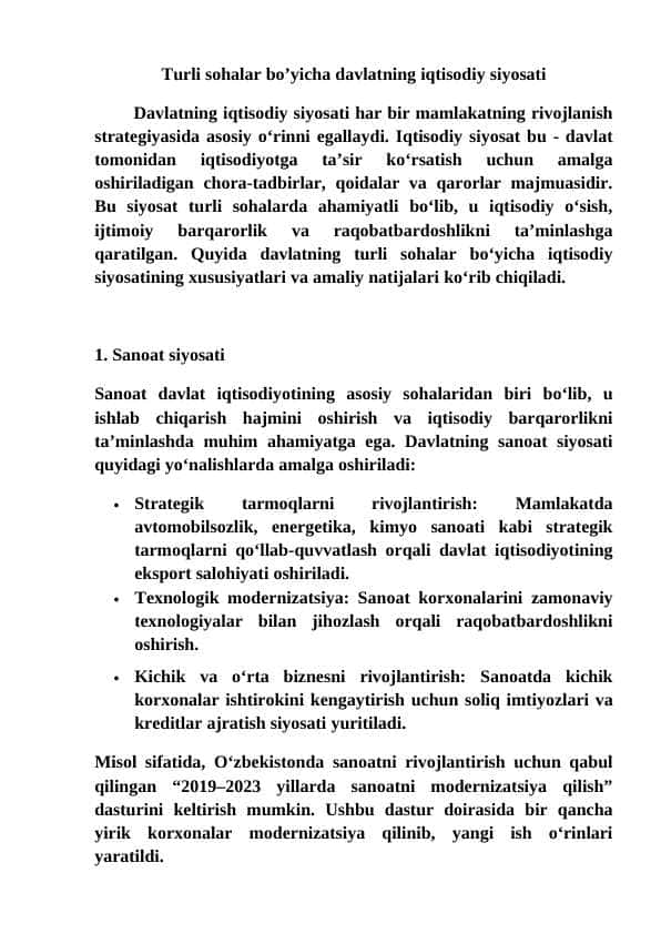 Turli sohalar bo’yicha davlatning iqtisodiy siyosati essey
